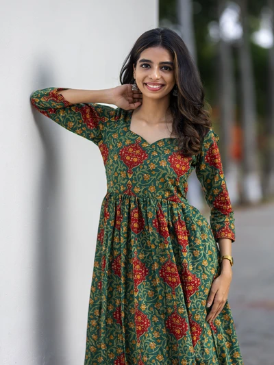 Green Ajrak Anarkali Kurta Set