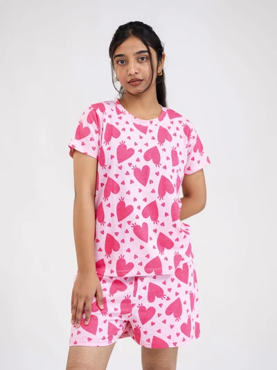 Shorts Set-Blush Pink With Red Heart Cotton