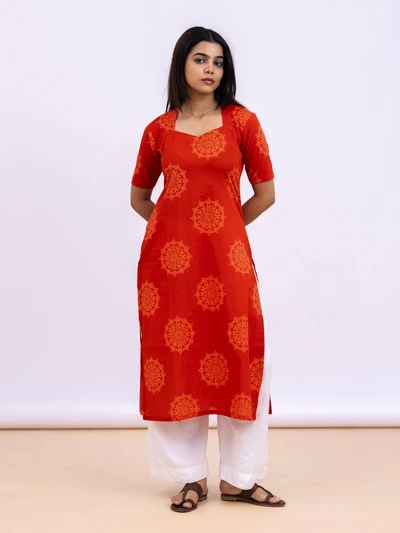 Rust Orange Floral Kurta