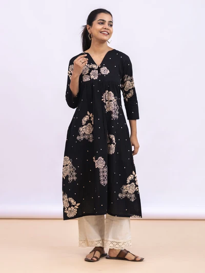 Black Polka Flora Print Kurta